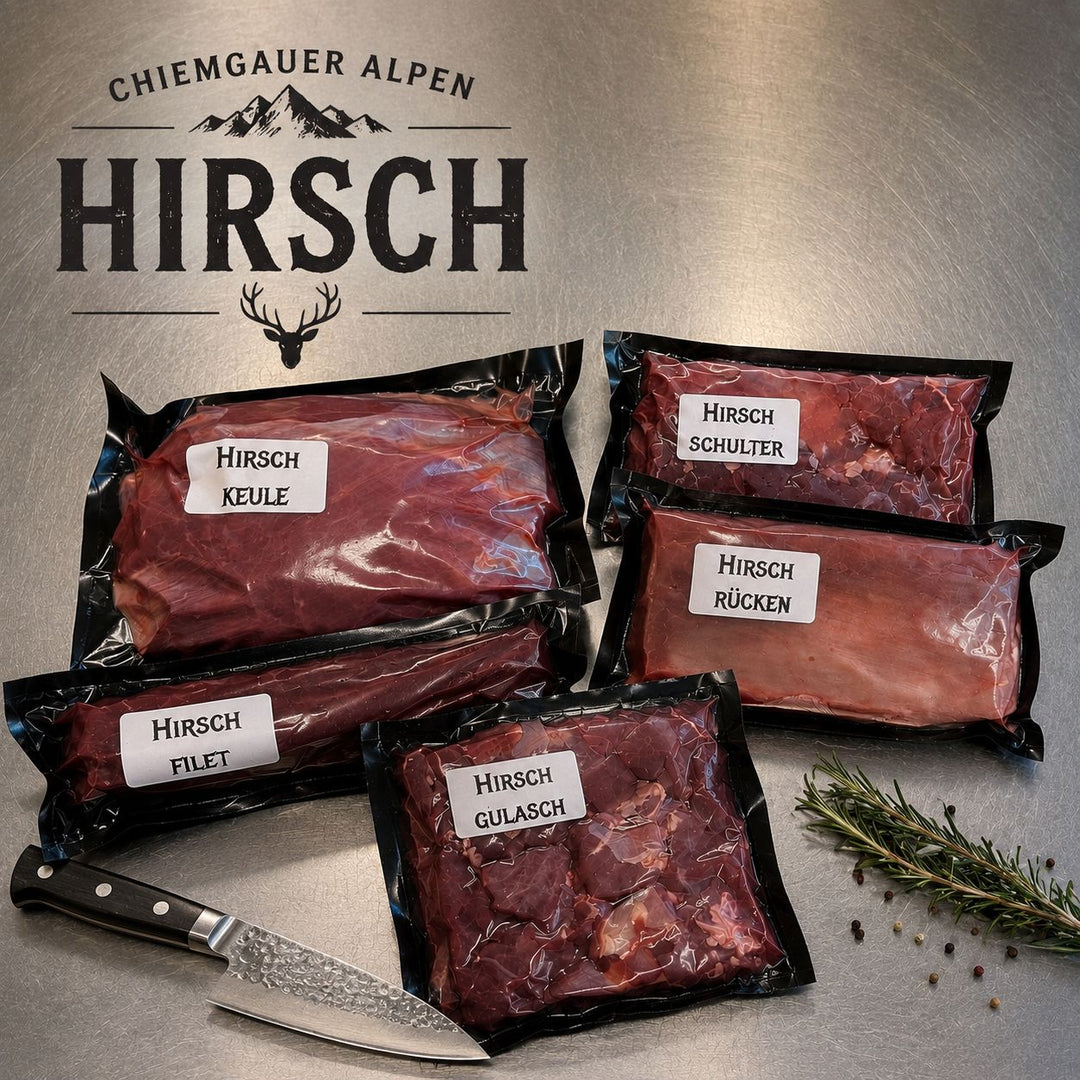 Hirsch aus den Chiemgauer Alpen – Keule, Schulter, Rücken, Filet und Gulasch vakuumverpackt