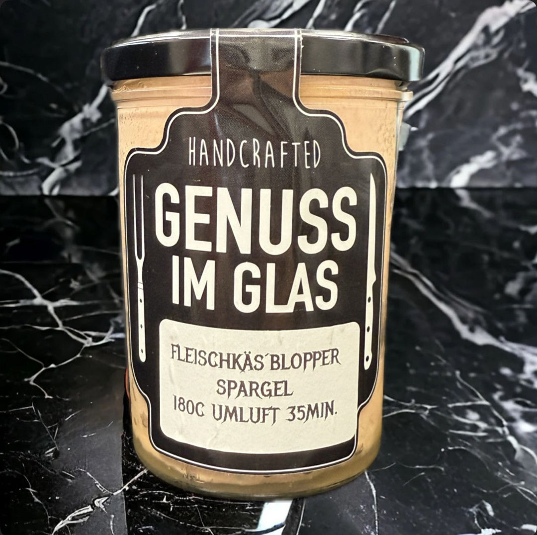Fleischkäs Blopper Spargel im 400g Glas von Metzgerei Holzapfel mit grünen Spargelstücken für besonderen Geschmack"