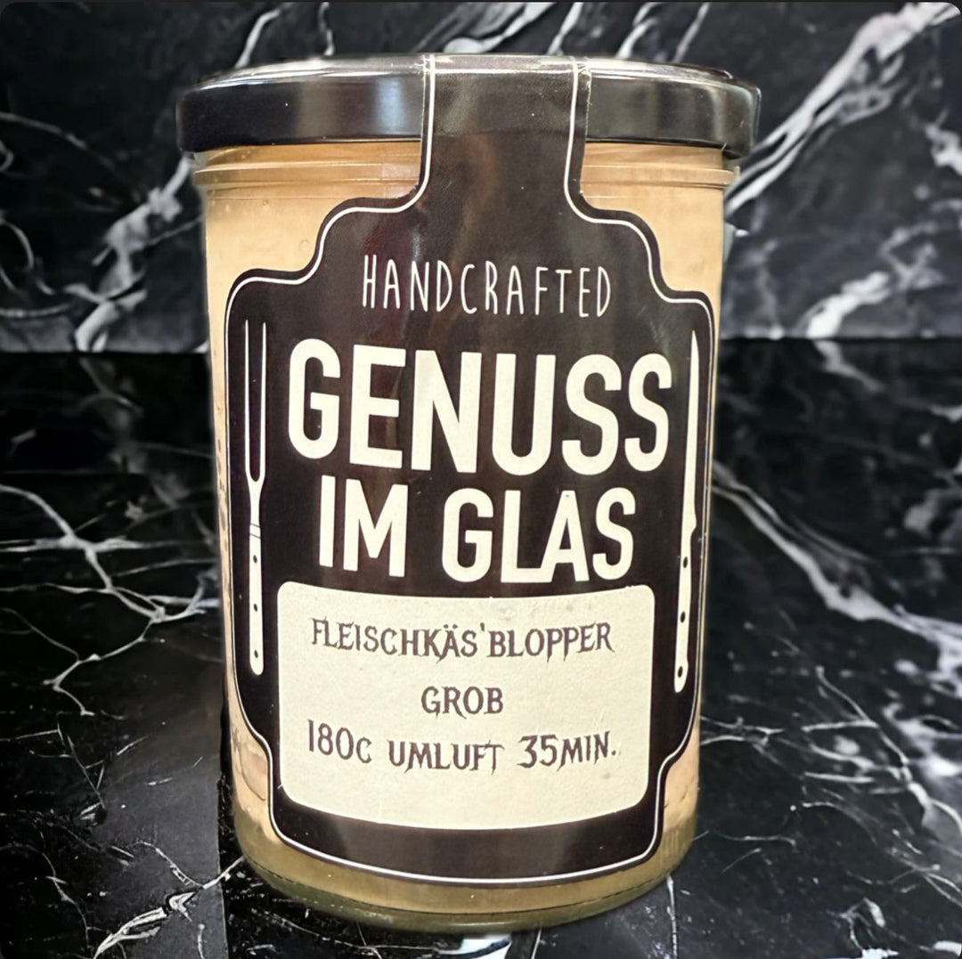 Fleischkäse Blopper Grob im 400g Glas von Metzgerei Holzapfel mit rustikaler, grober Textur für herzhaften Genuss
