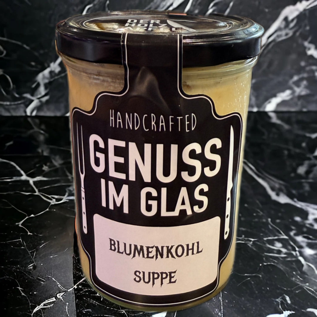 Blumenkohlsuppe hausgemacht im Glas von Metzgerei Holzapfel - cremige Fertigsuppe mit echtem Blumenkohl für kalte Tage