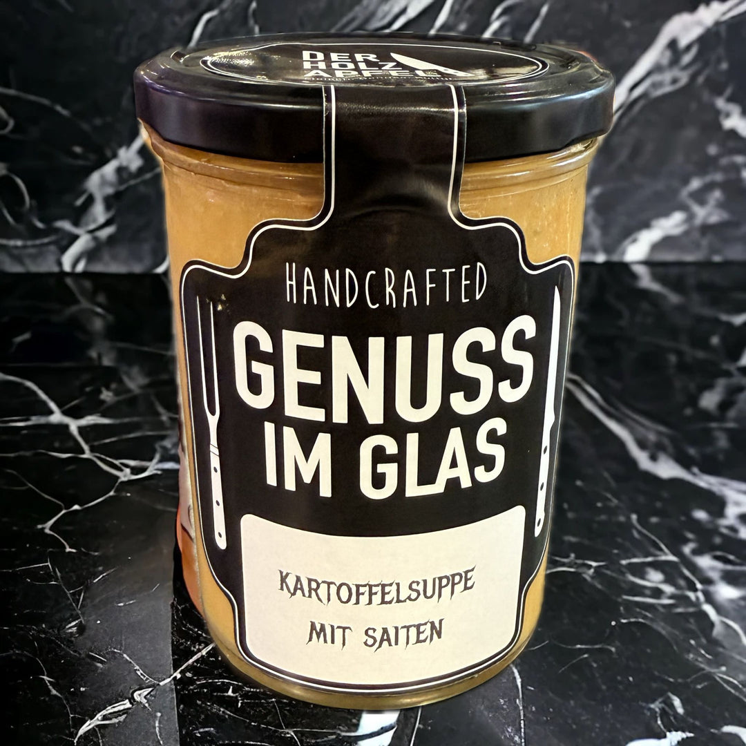 Genuss im Glas Kartoffelsuppe mit Saiten - herzhafte Fertigsuppe mit traditionellen Saiten-Würstchen im praktischen Schraubglas