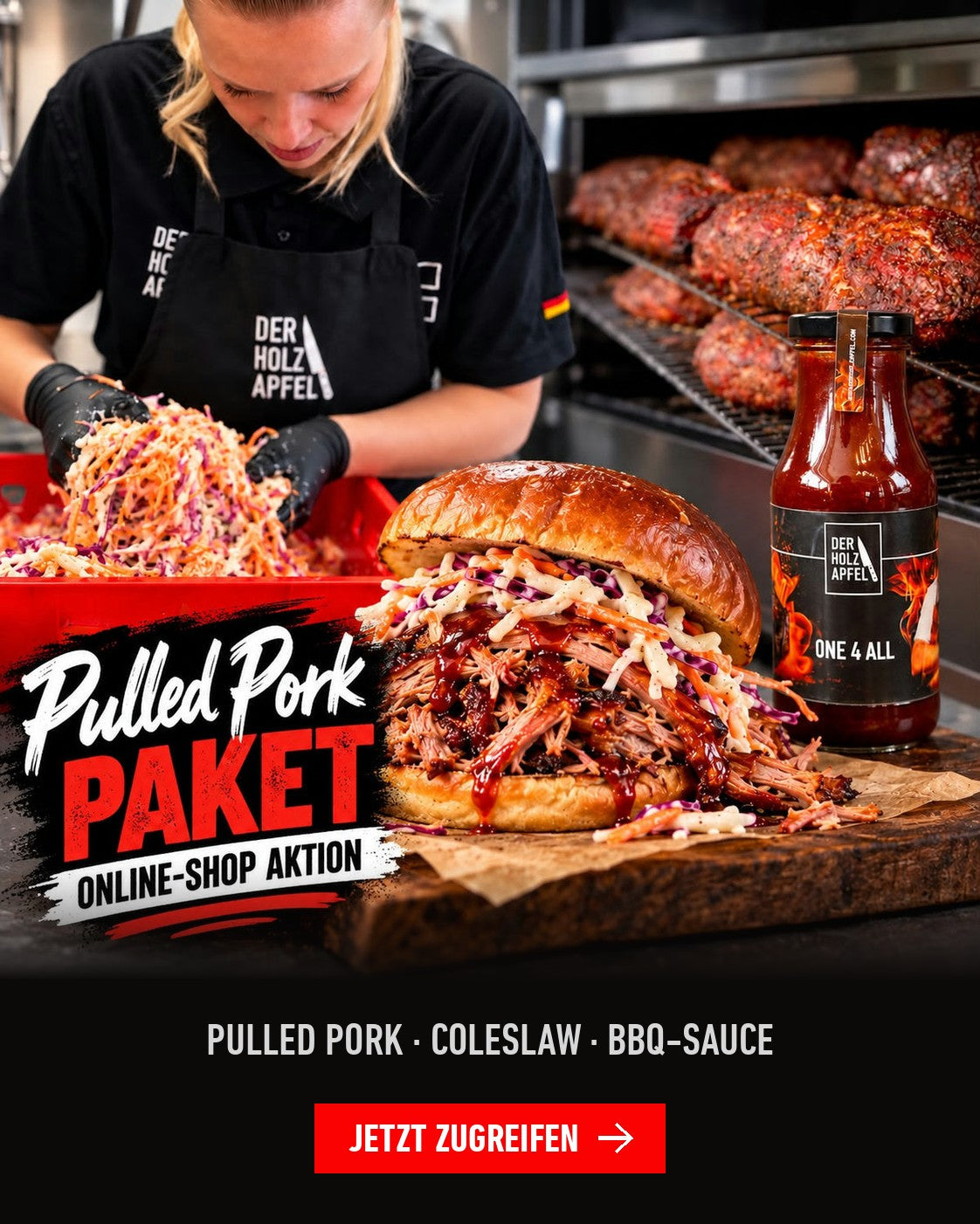 Pulled Pork Paket für 2 Personen: Pulled Pork, Coleslaw und One 4 All BBQ-Sauce – Online-Shop Aktion, Metzgerei Holzapfel